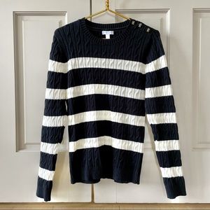 BLACK AND WHITE BUTTON SHOULDER STRIPED LONG SLEEVE CREWNECK KNIT SWEATER